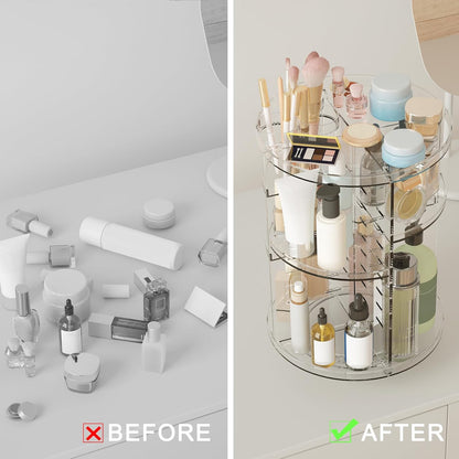 Rotating Makeup Organizer, DIY 8 Adjustable Layers Spinning Skincare Storage, Cosmetic Display Case with Brush Holder and Perfume Tray, Multi-Function Vanity Bathroom Countertop Organizer Clear