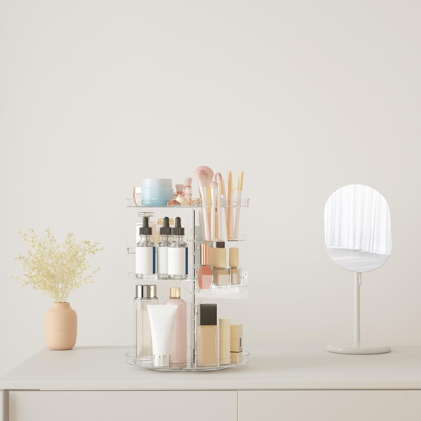 Rotating Makeup Organizer, DIY 8 Adjustable Layers Spinning Skincare Storage, Cosmetic Display Case with Brush Holder and Perfume Tray, Multi-Function Vanity Bathroom Countertop Organizer Clear
