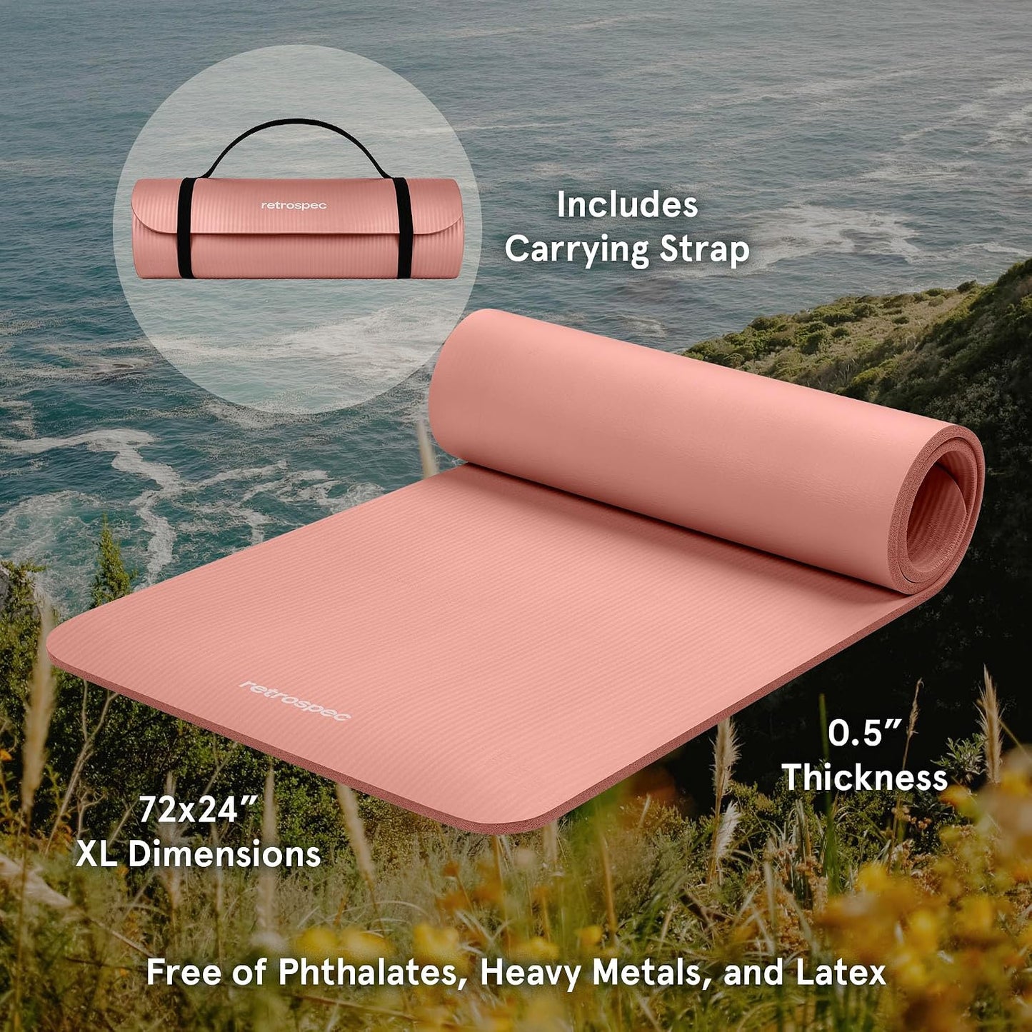 Retrospec Solana Yoga Mat Thick 1/2In Non-Slip Workout Mat with Nylon Strap - 72X24In Exercise Mat for Pilates, Stretching & Fitness - BPA Free, Easy Clean