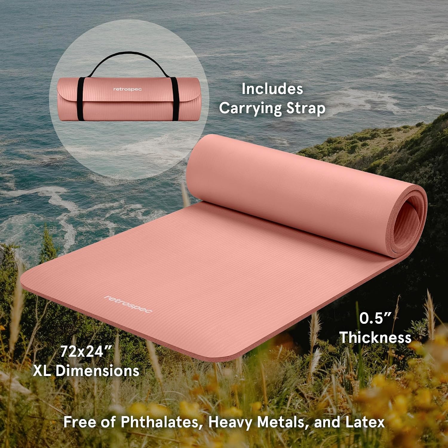Retrospec Solana Yoga Mat Thick 1/2In Non-Slip Workout Mat with Nylon Strap - 72X24In Exercise Mat for Pilates, Stretching & Fitness - BPA Free, Easy Clean