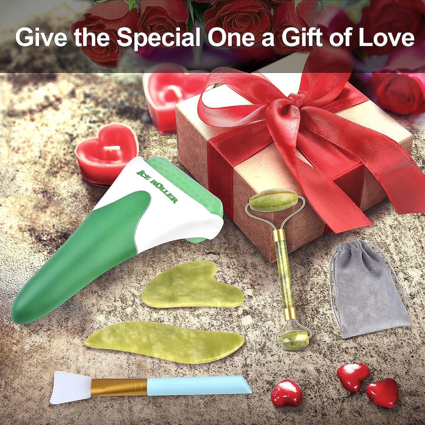 6 in 1 Ice Roller & Jade Roller and Gua Sha Set, Facial Massage Kits, Facial Roller Kit with Gua Sha Tool and Silicone Brush, Anti-Aging Jade Stone Massager for Face, Eyes, Neck Massage