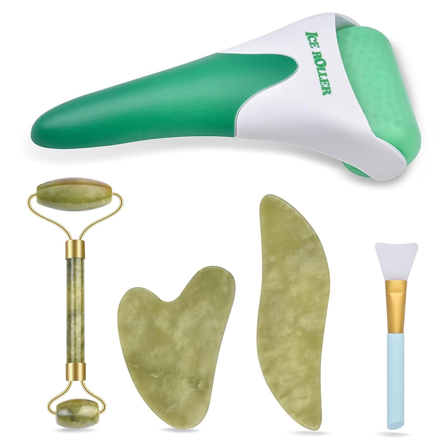 6 in 1 Ice Roller & Jade Roller and Gua Sha Set, Facial Massage Kits, Facial Roller Kit with Gua Sha Tool and Silicone Brush, Anti-Aging Jade Stone Massager for Face, Eyes, Neck Massage