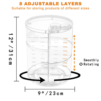 Rotating Makeup Organizer, DIY 8 Adjustable Layers Spinning Skincare Storage, Cosmetic Display Case with Brush Holder and Perfume Tray, Multi-Function Vanity Bathroom Countertop Organizer Clear